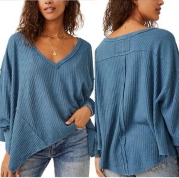 Free People We The Free Textured Blue Knit Top. - Picture 6 of 11